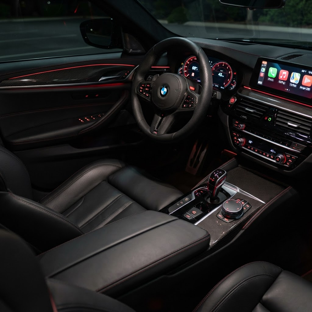 Freshly conditioned black leather car interior
