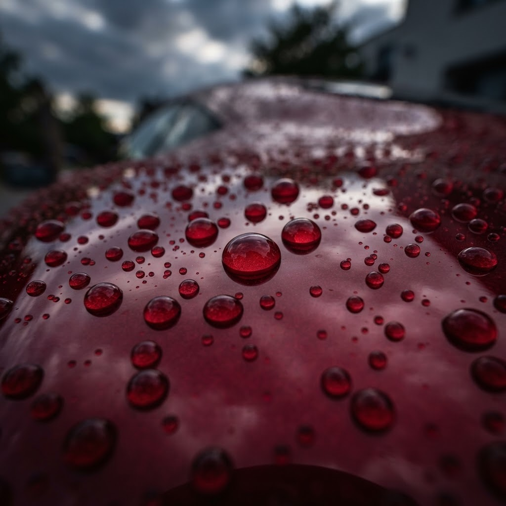 Hydrophobic water beading on freshly polished red car paint